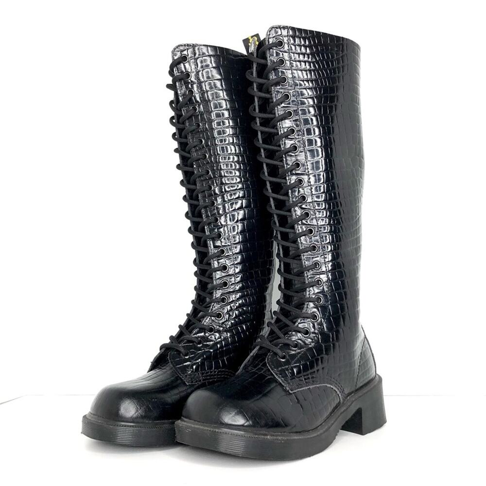 NEW Vintage Dr Martens Croc Patent Leather Knee High Square Toe Heeled Boots 7